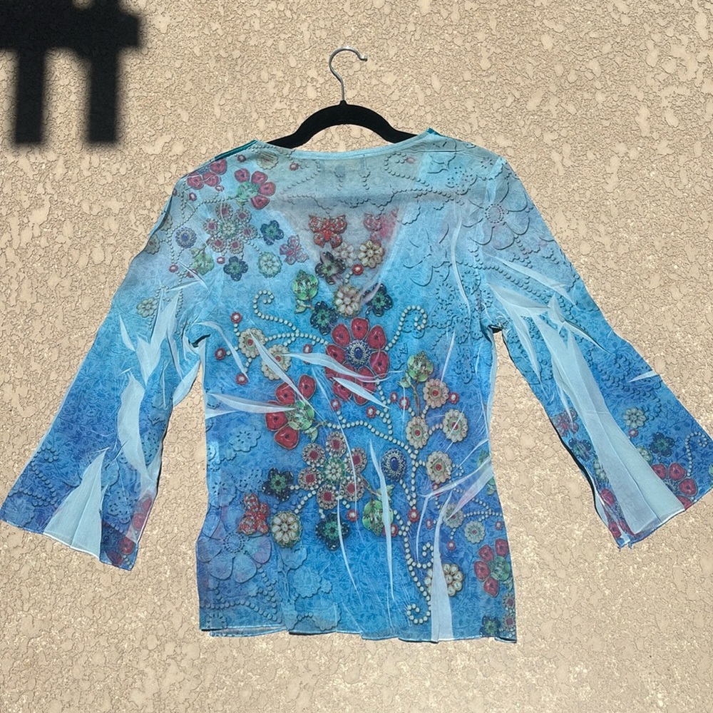 Design Works Top Beaded Sequins Fairy V-neck Blue Sheer Silky Size Medium - Picture 7 of 11